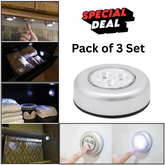 Set of three Avira 3-LED battery-powered tap push lights with compact design and easy installation for illuminating dark spaces.