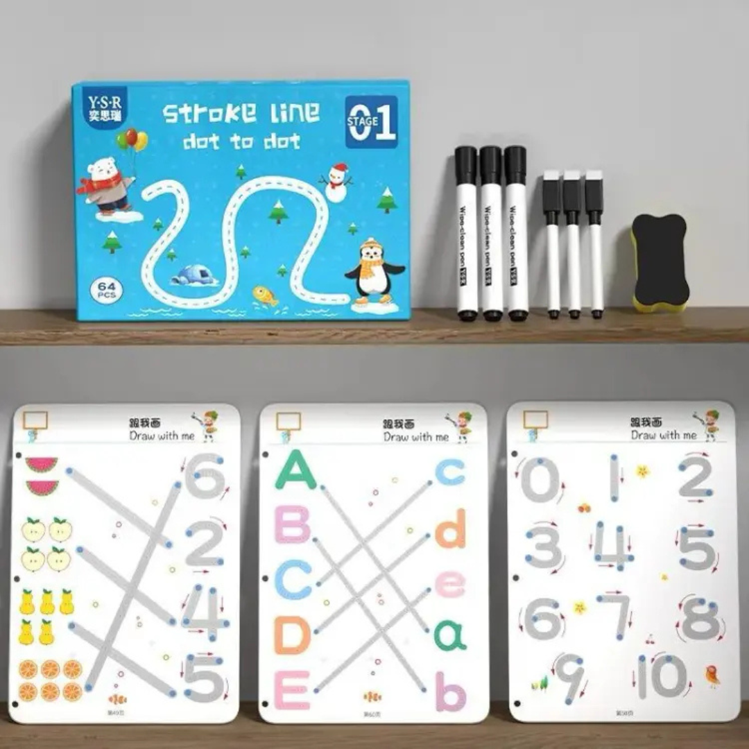 Reusable Educational Tracing Work Book for kids 64 Pages ( 2 Markers & Duster Attached ) - Avira Official Store 