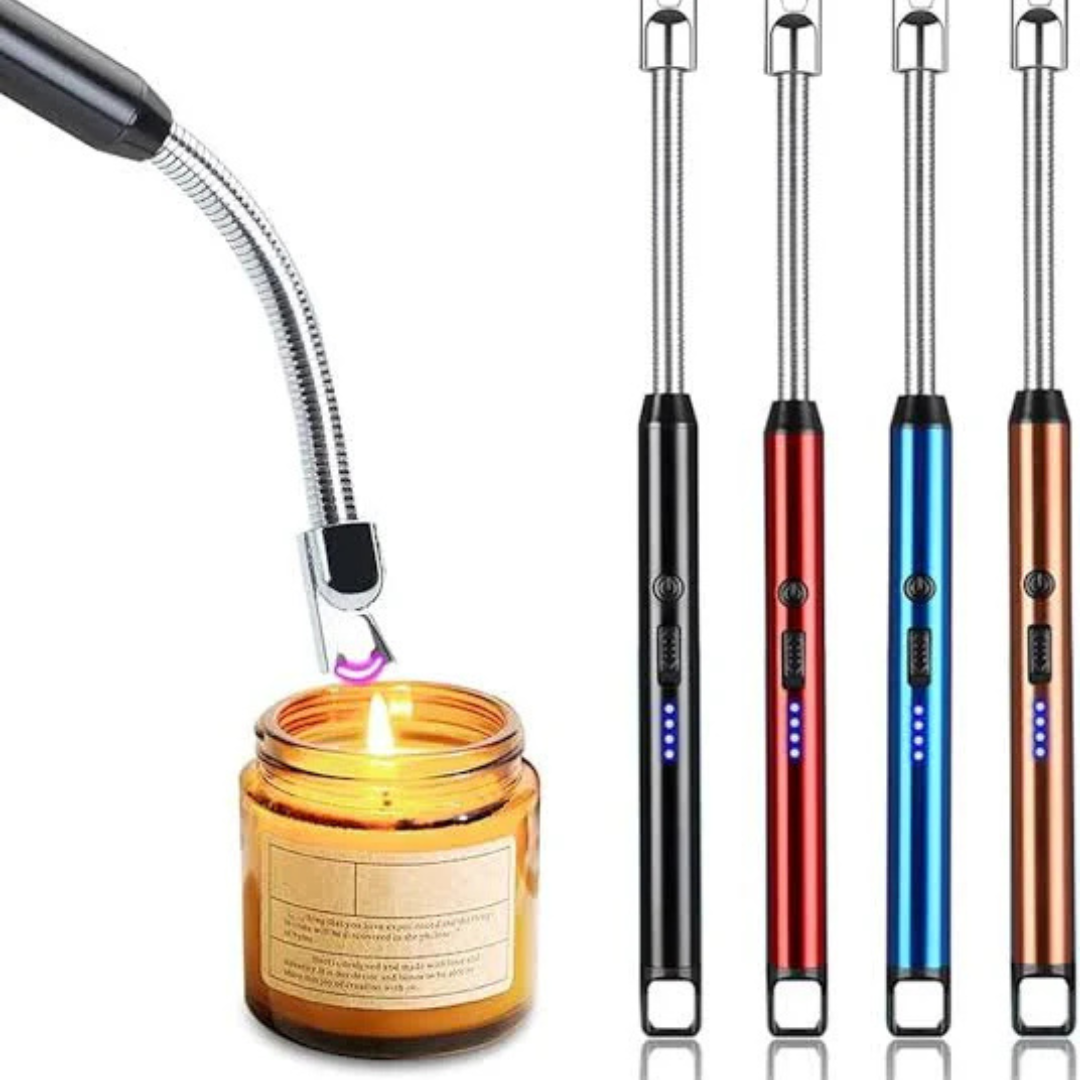 Avira rechargeable electric arc lighter with a sleek design and safety features, shown in a stylish setting.