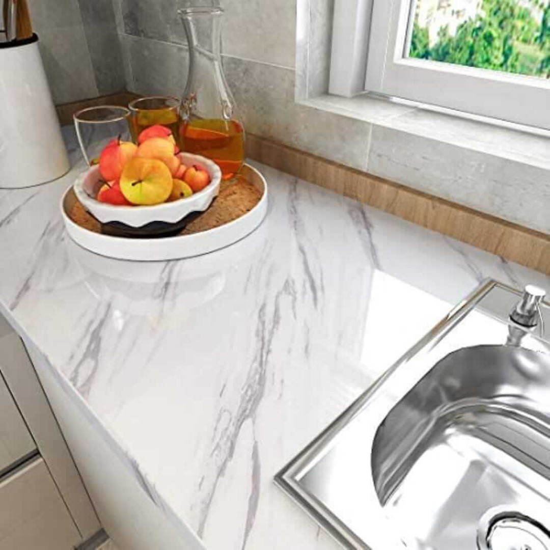 White Marble Kitchen Sheet – Black Vein Design (6.5 ft × 2 ft | 2 Meter Roll) - Avira Official Store 