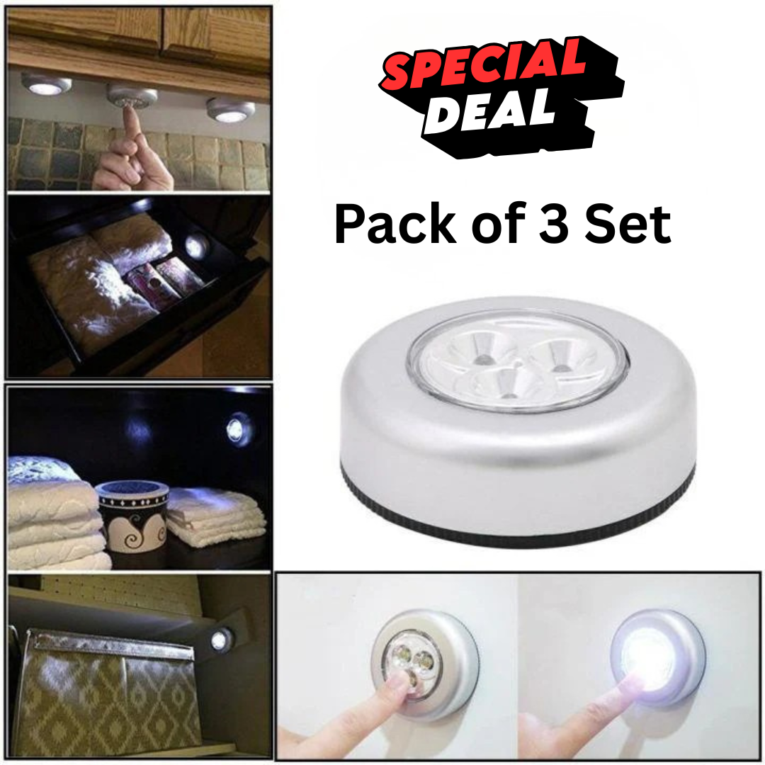 Set of three Avira 3-LED battery-powered tap push lights with compact design and easy installation for illuminating dark spaces.